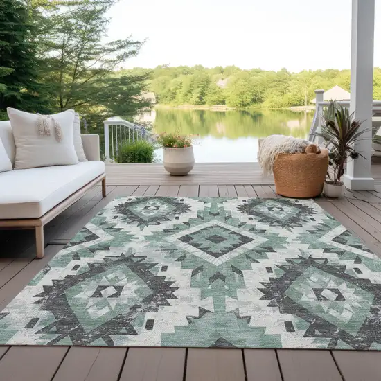 Pale Aqua And Gray Aztec Washable Indoor Outdoor Area Rug Photo 5