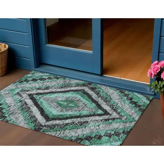 Pale Aqua And Gray Aztec Washable Indoor Outdoor Area Rug Photo 2