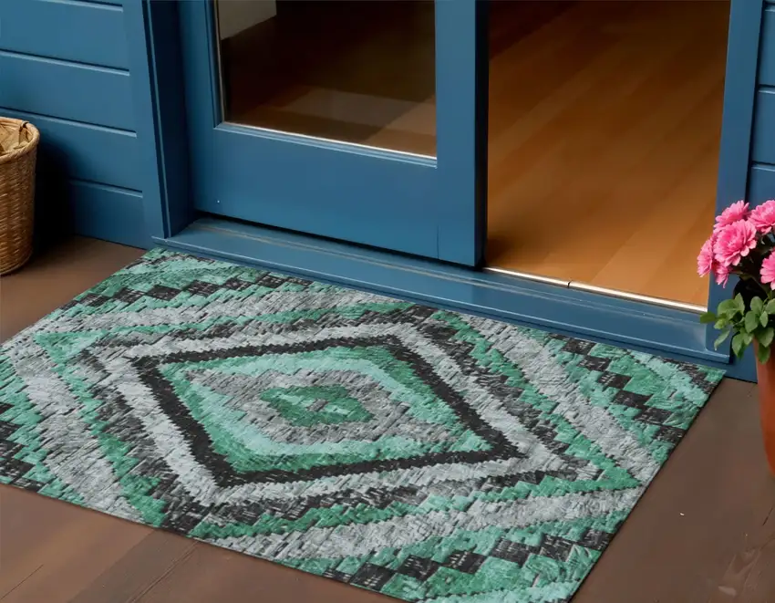 Pale Aqua And Gray Aztec Washable Indoor Outdoor Area Rug Photo 2