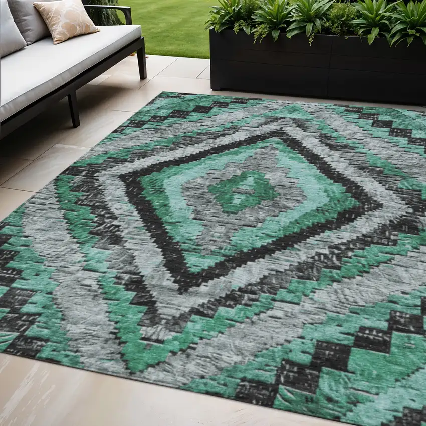 Pale Aqua And Gray Aztec Washable Indoor Outdoor Area Rug Photo 2