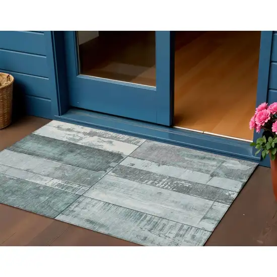 Pale Aqua And Gray Geometric Washable Indoor Outdoor Area Rug Photo 2