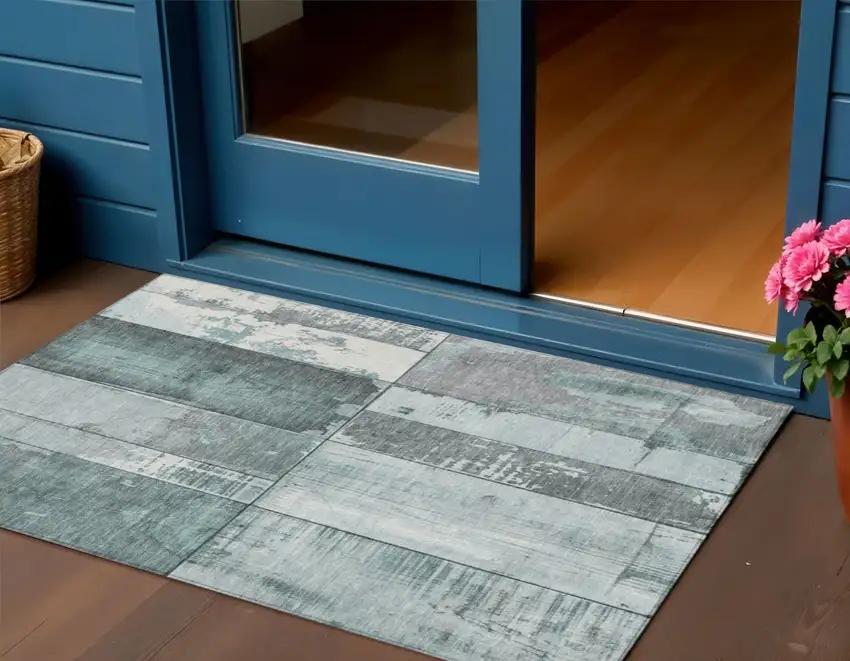 Pale Aqua And Gray Geometric Washable Indoor Outdoor Area Rug Photo 2