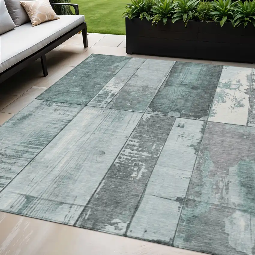 Pale Aqua And Gray Geometric Washable Indoor Outdoor Area Rug Photo 2