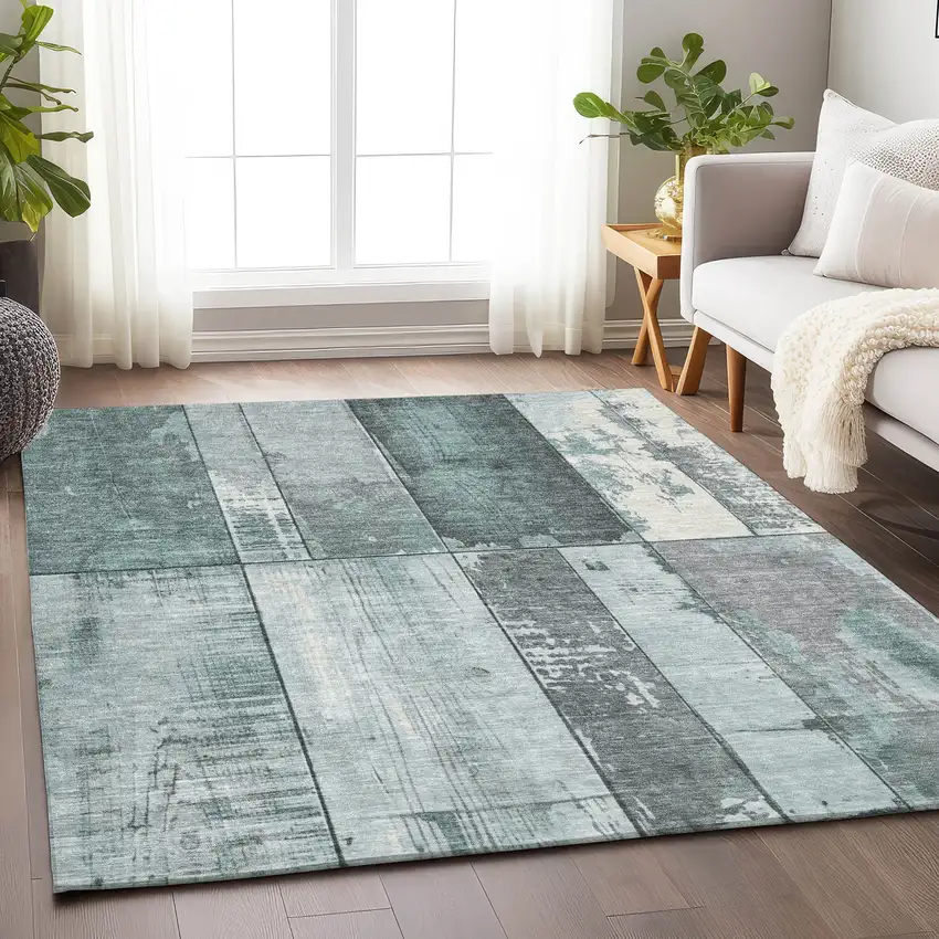 Pale Aqua And Gray Geometric Washable Indoor Outdoor Area Rug Photo 5
