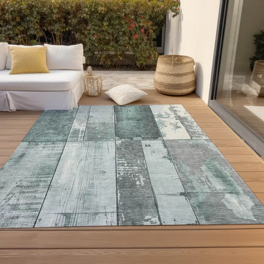 Pale Aqua And Gray Geometric Washable Indoor Outdoor Area Rug Photo 7