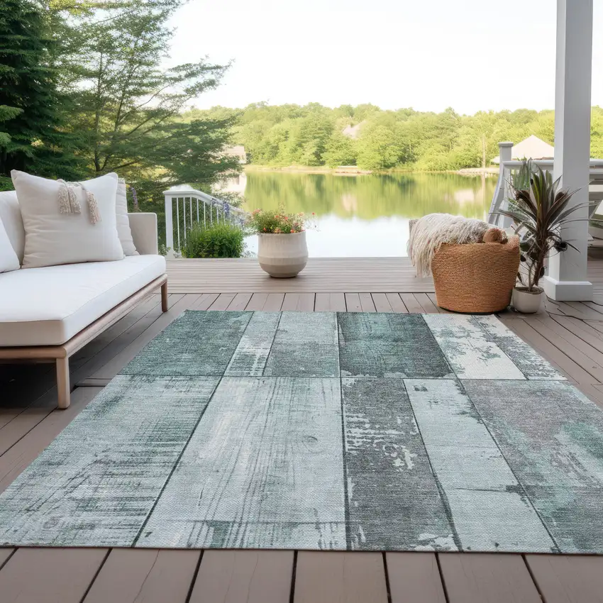 Pale Aqua And Gray Geometric Washable Indoor Outdoor Area Rug Photo 4