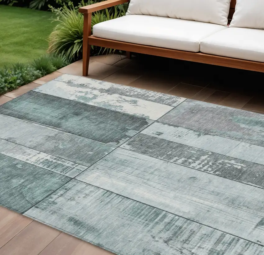 Pale Aqua And Gray Geometric Washable Indoor Outdoor Area Rug Photo 2