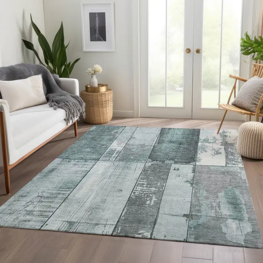 Pale Aqua And Gray Geometric Washable Indoor Outdoor Area Rug Photo 6