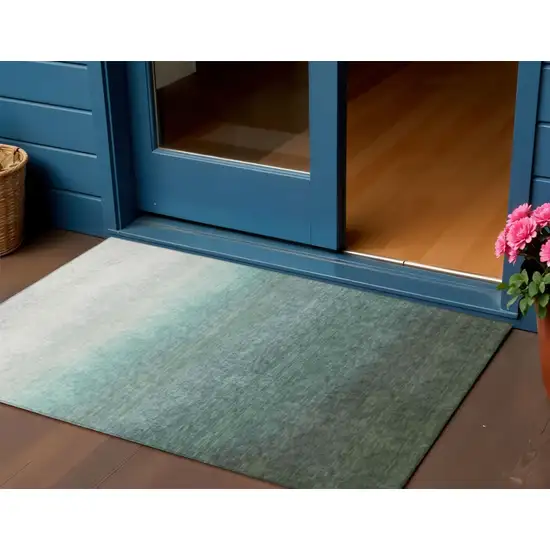 Pale Aqua And Gray Ombre Washable Indoor Outdoor Area Rug Photo 2