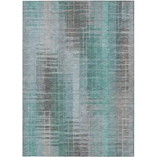 Pale Aqua And Gray Striped Washable Indoor Outdoor Area Rug Photo 5