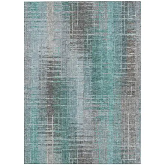 Pale Aqua And Gray Striped Washable Indoor Outdoor Area Rug Photo 3