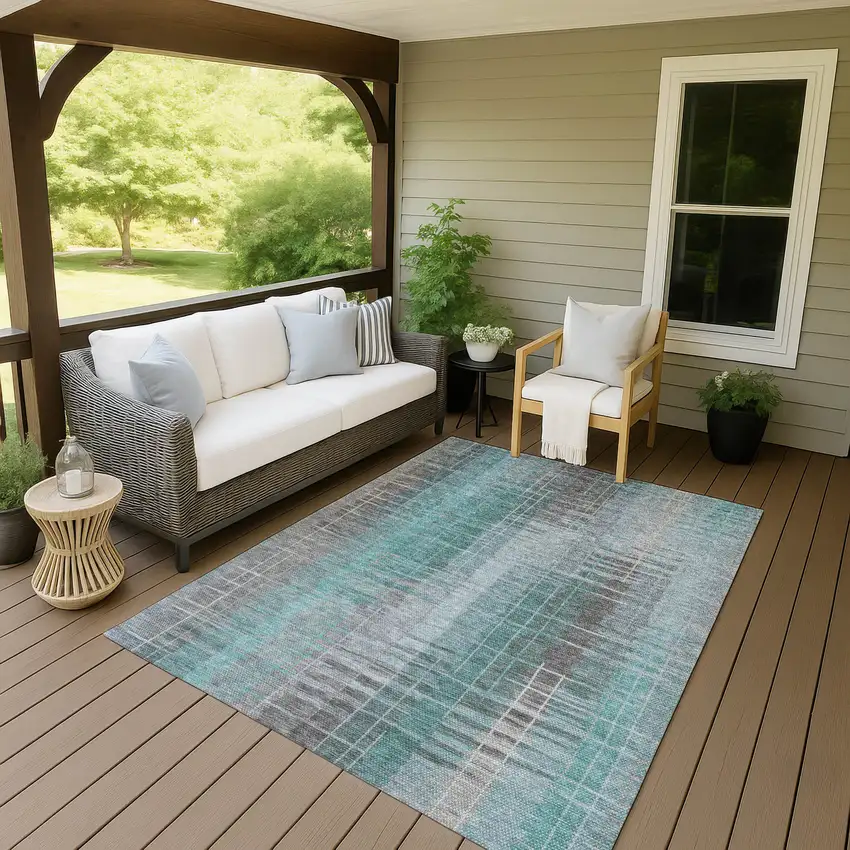 Pale Aqua And Gray Striped Washable Indoor Outdoor Area Rug Photo 9