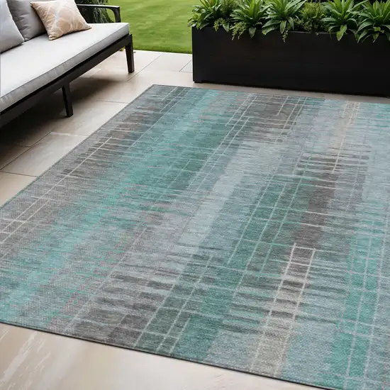 Pale Aqua And Gray Striped Washable Indoor Outdoor Area Rug Photo 1