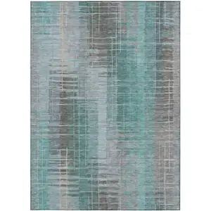 Photo of Pale Aqua And Gray Striped Washable Indoor Outdoor Area Rug