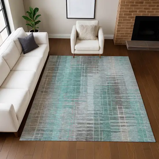 Pale Aqua And Gray Striped Washable Indoor Outdoor Area Rug Photo 8