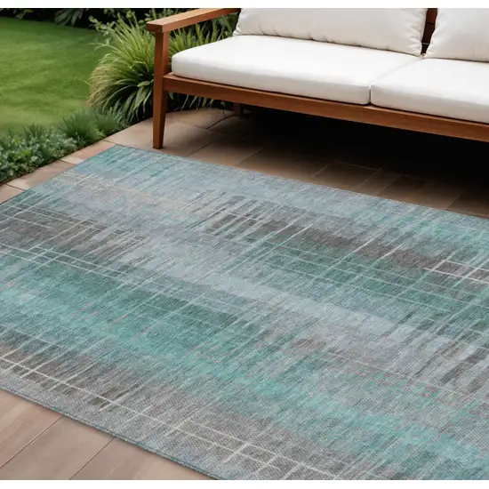 Pale Aqua And Gray Striped Washable Indoor Outdoor Area Rug Photo 1