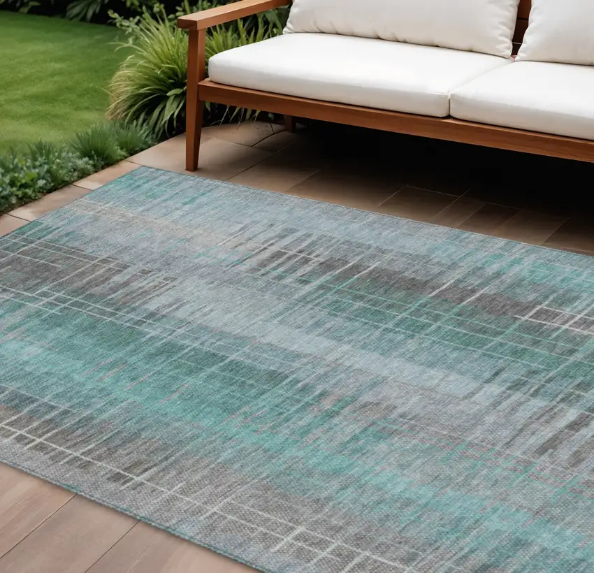 Pale Aqua And Gray Striped Washable Indoor Outdoor Area Rug Photo 1