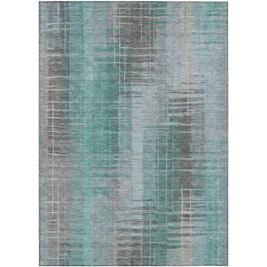 Pale Aqua And Gray Striped Washable Indoor Outdoor Area Rug Photo 2