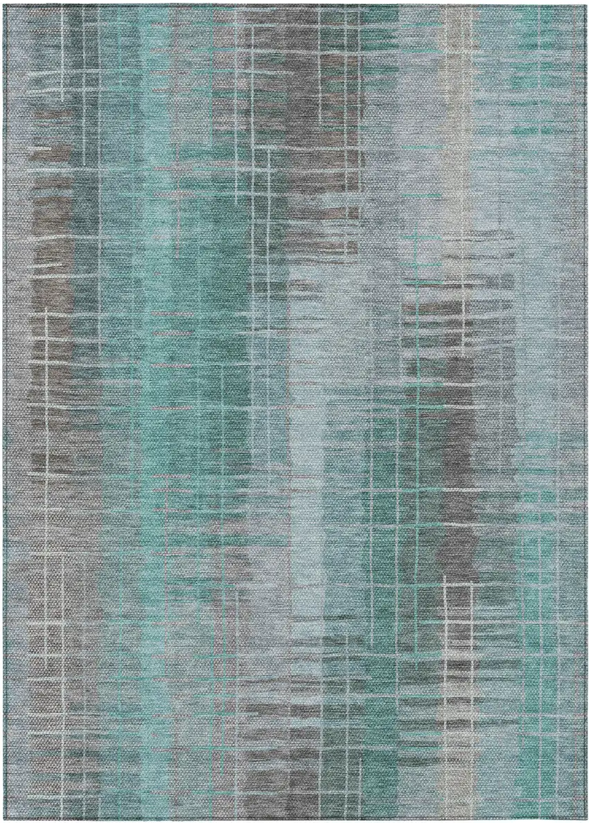 Pale Aqua And Gray Striped Washable Indoor Outdoor Area Rug Photo 2