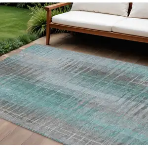 Photo of Pale Aqua And Gray Striped Washable Indoor Outdoor Area Rug