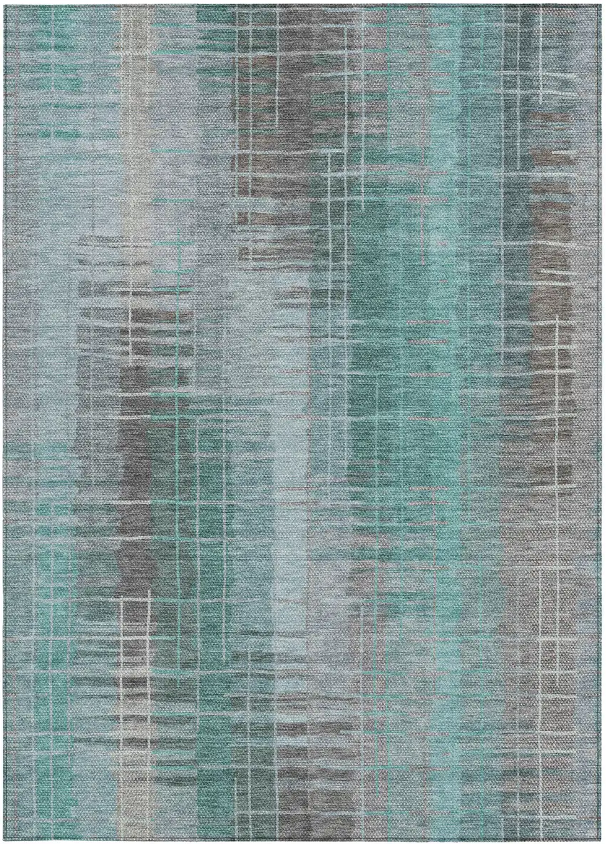 Pale Aqua And Gray Striped Washable Indoor Outdoor Area Rug Photo 4
