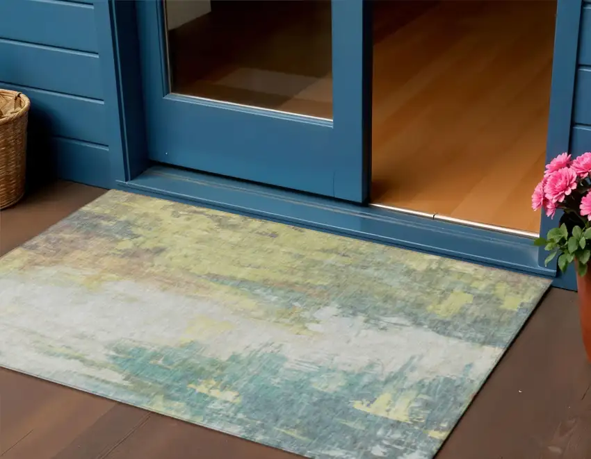 Pale Aqua And Ivory Abstract Washable Indoor Outdoor Area Rug Photo 2