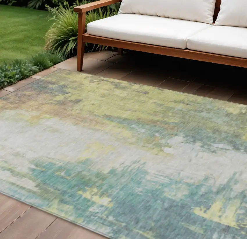 Pale Aqua And Ivory Abstract Washable Indoor Outdoor Area Rug Photo 2