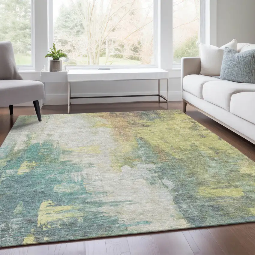 Pale Aqua And Ivory Abstract Washable Indoor Outdoor Area Rug Photo 5