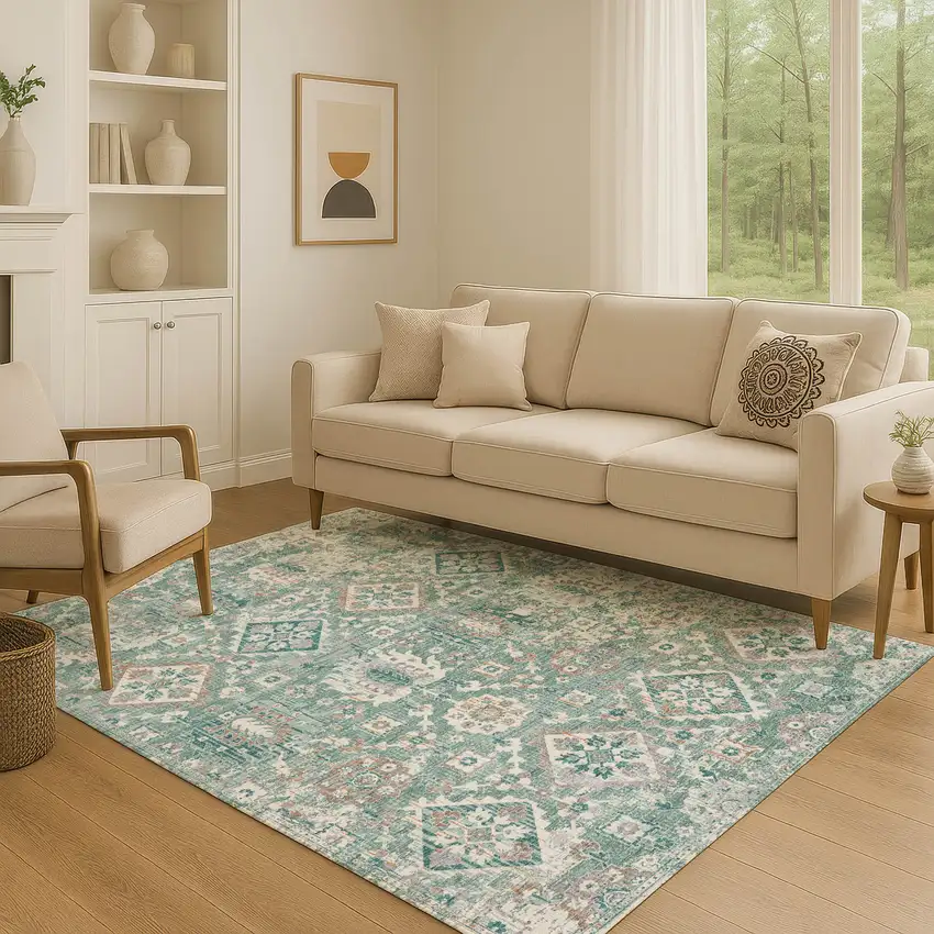 Pale Aqua And Ivory Oriental Washable Area Rug With UV Protection Photo 5