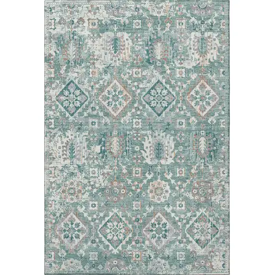 Pale Aqua And Ivory Oriental Washable Area Rug With UV Protection Photo 4