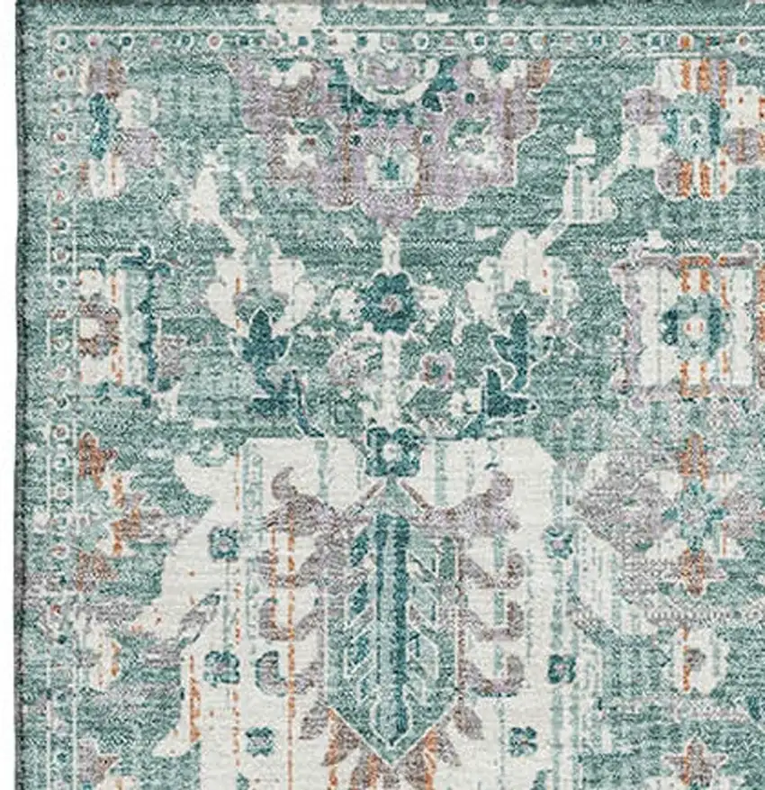 Pale Aqua And Ivory Oriental Washable Area Rug With UV Protection Photo 3