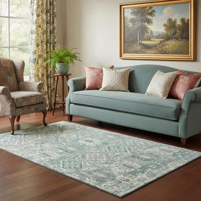 Pale Aqua And Ivory Oriental Washable Area Rug With UV Protection Photo 2