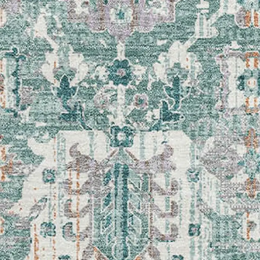 Pale Aqua And Ivory Oriental Washable Area Rug With UV Protection Photo 3