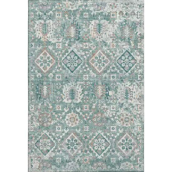 Pale Aqua And Ivory Oriental Washable Area Rug With UV Protection Photo 1