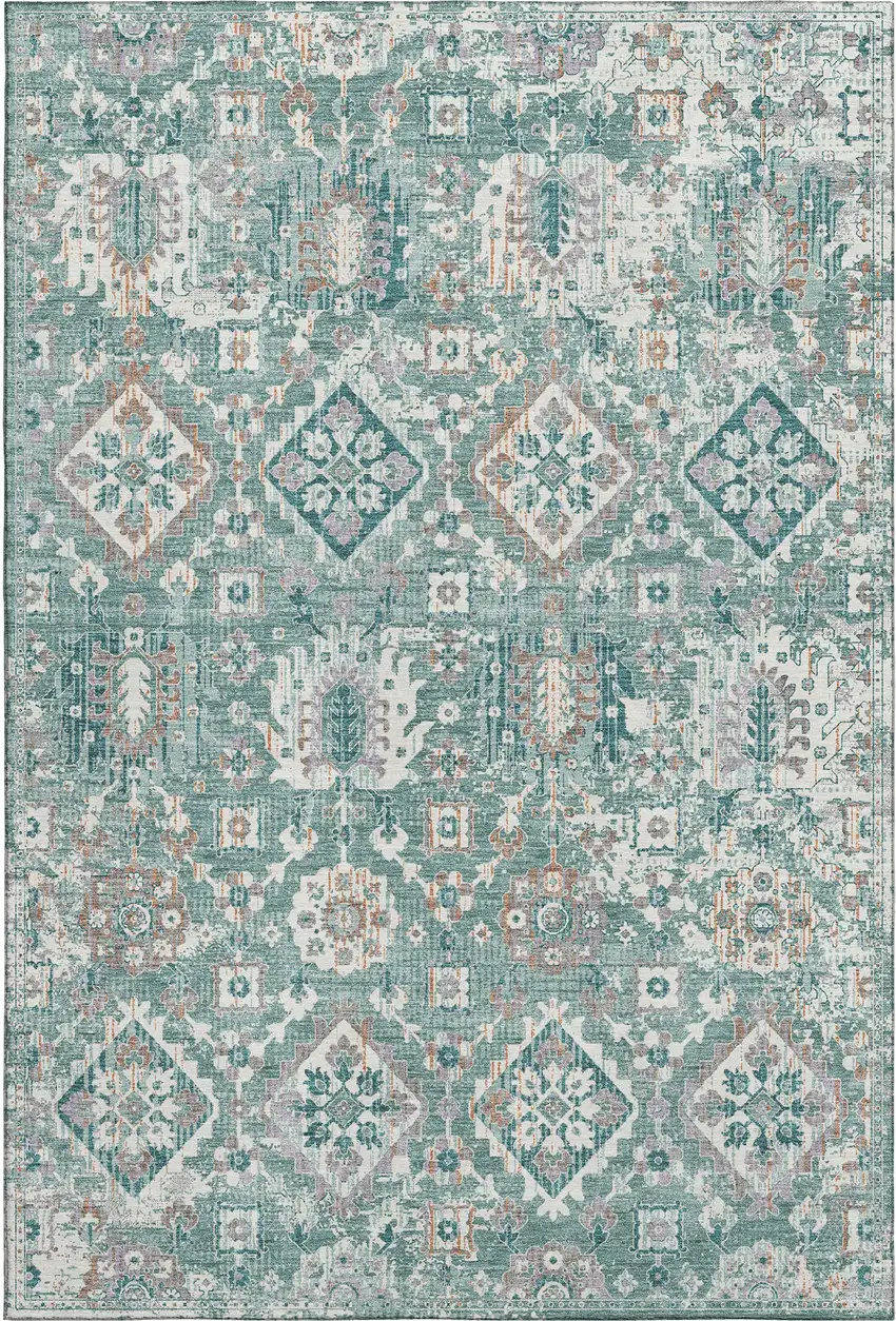 Pale Aqua And Ivory Oriental Washable Area Rug With UV Protection Photo 1