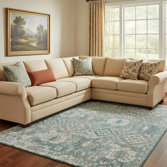 Pale Aqua And Ivory Oriental Washable Area Rug With UV Protection Photo 2