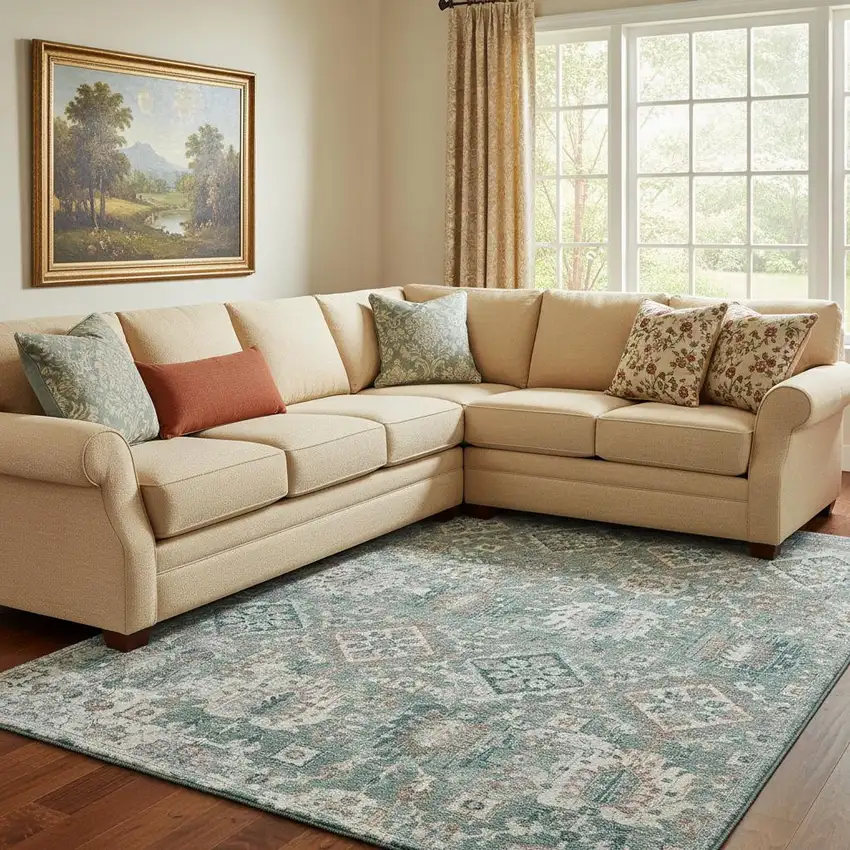 Pale Aqua And Ivory Oriental Washable Area Rug With UV Protection Photo 2