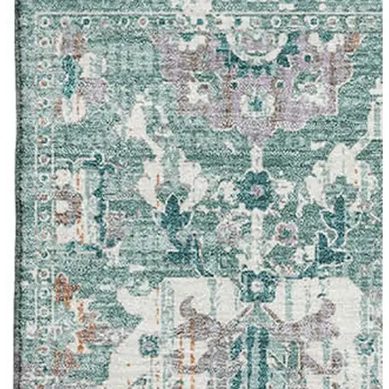 Pale Aqua And Ivory Oriental Washable Area Rug With UV Protection Photo 3