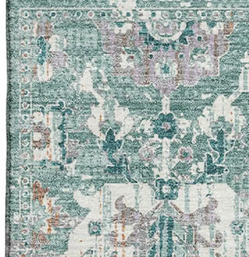 Pale Aqua And Ivory Oriental Washable Area Rug With UV Protection Photo 3
