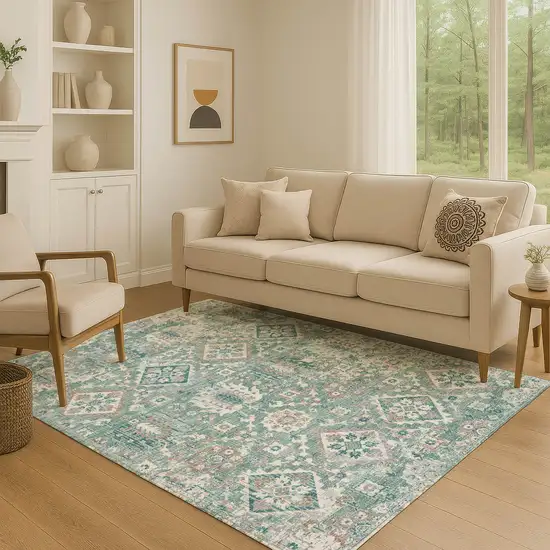 Pale Aqua And Ivory Oriental Washable Area Rug With UV Protection Photo 4