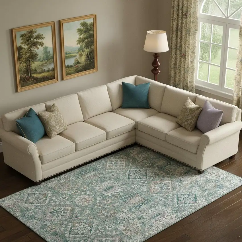 Pale Aqua And Ivory Oriental Washable Area Rug With UV Protection Photo 2