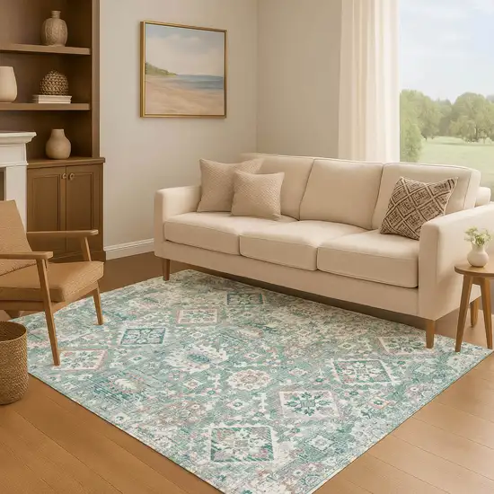 Pale Aqua And Ivory Oriental Washable Area Rug With UV Protection Photo 5