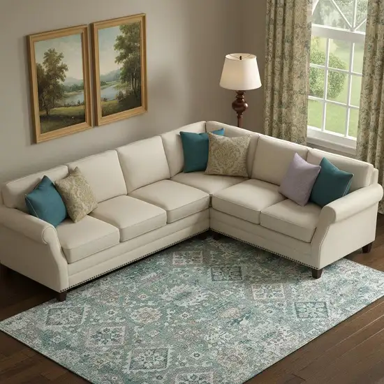 Pale Aqua And Ivory Oriental Washable Area Rug With UV Protection Photo 2