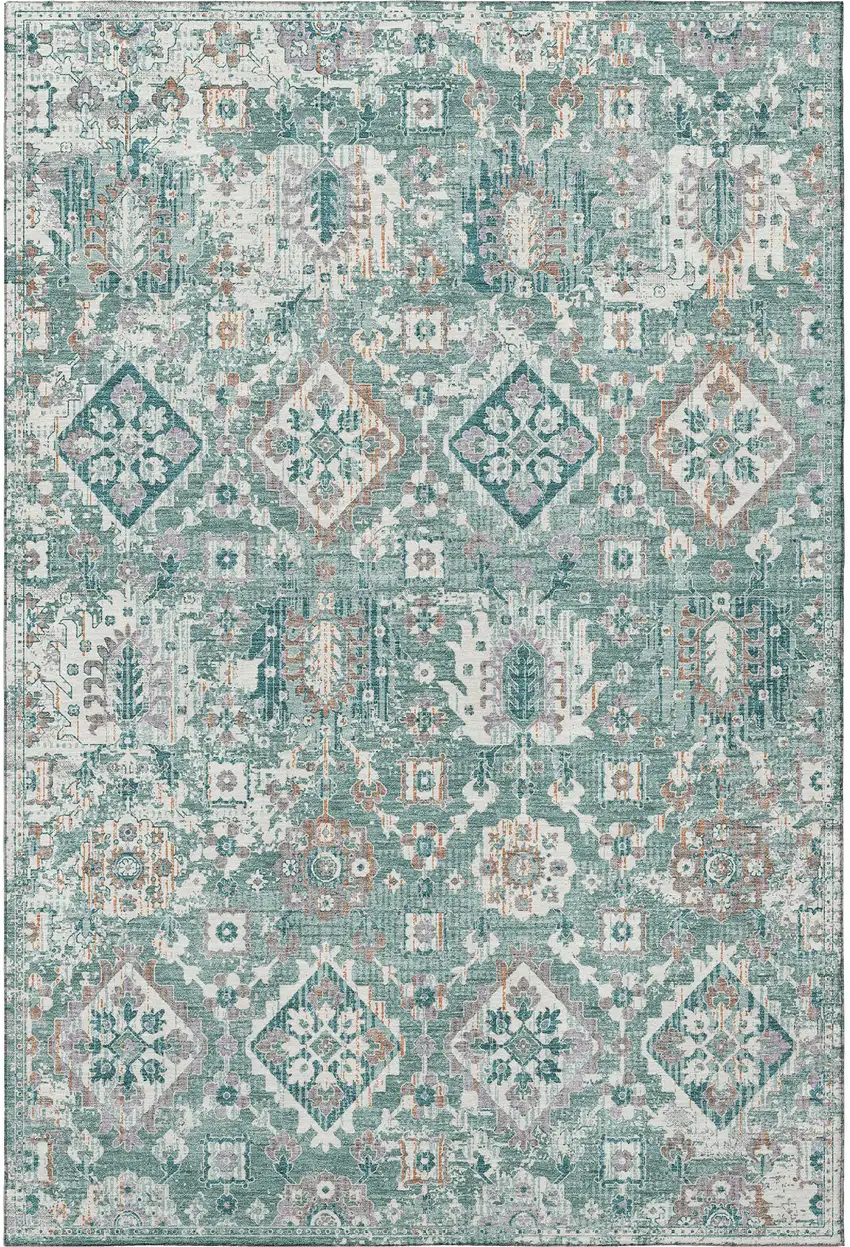 Pale Aqua And Ivory Oriental Washable Area Rug With UV Protection Photo 4