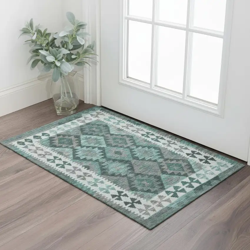 Pale Aqua And Ivory Tribal Washable Area Rug With UV Protection Photo 2