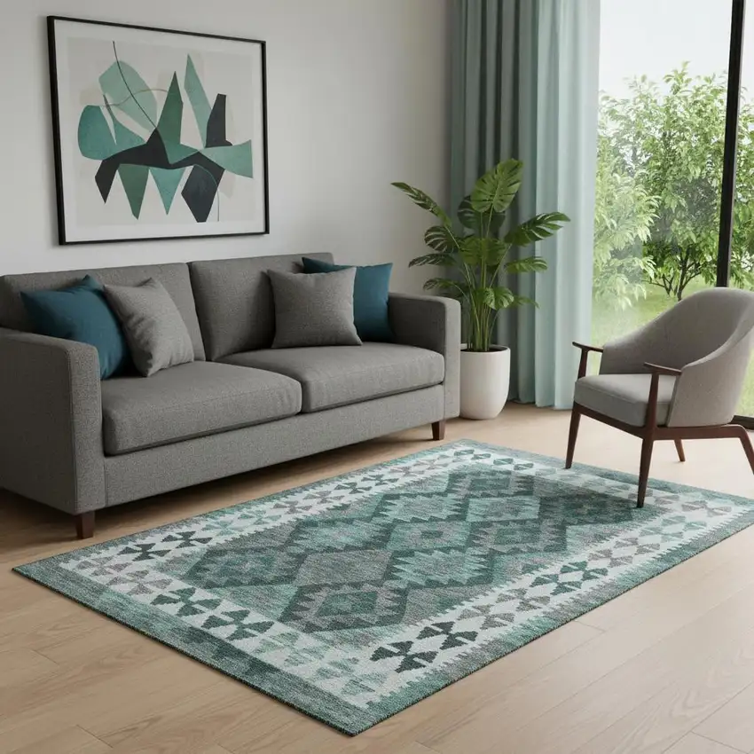 Pale Aqua And Ivory Tribal Washable Area Rug With UV Protection Photo 2