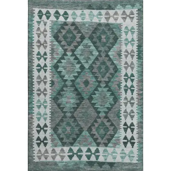 Pale Aqua And Ivory Tribal Washable Area Rug With UV Protection Photo 1