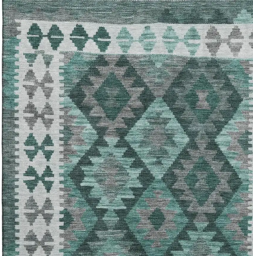 Pale Aqua And Ivory Tribal Washable Area Rug With UV Protection Photo 4