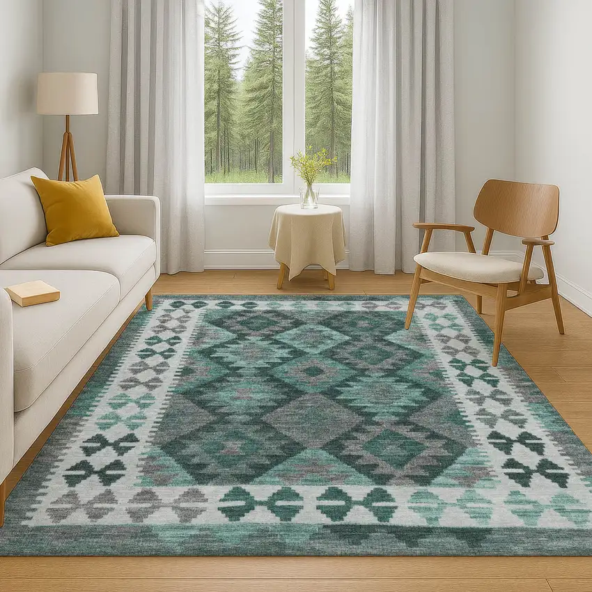 Pale Aqua And Ivory Tribal Washable Area Rug With UV Protection Photo 6