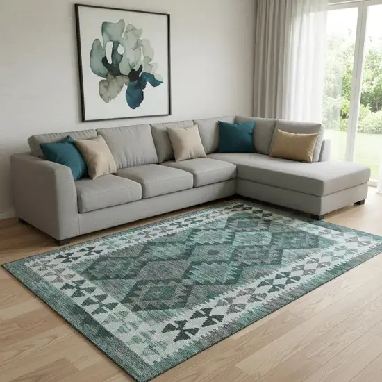 Pale Aqua And Ivory Tribal Washable Area Rug With UV Protection Photo 2
